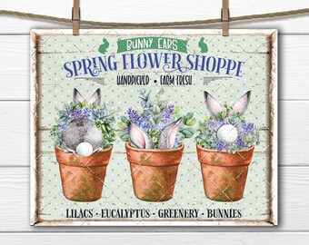 Spring Bunny DIY Sign, Flower Shop, Bunny Market, Potted Bunnies, Bunny Tails, Bunny Ears, Fabric Transfer, Tiered Tray Decor, Digital Print