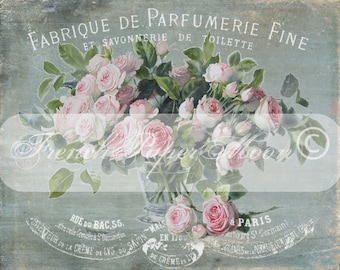 May include: A vintage advertisement for a French perfume and soap company, "Fabrique de Parfumerie Fine et Savonnerie de Toilette." The ad features a bouquet of pink roses in a vase with the text "Rue du Bac 55, Paris" and other details.