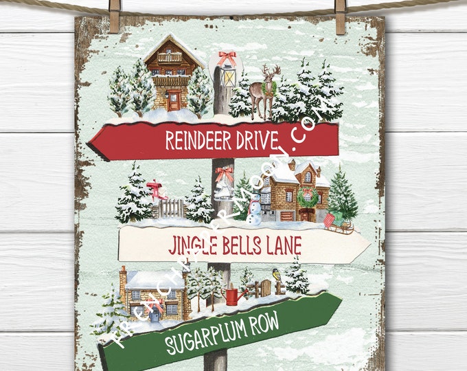 Digital Christmas Village Print, Winter Village, Snowy Scene, Christmas Signpost, DIY Xmas Sign, Xmas Pillow, Wreath Decor, Fabric Transfer