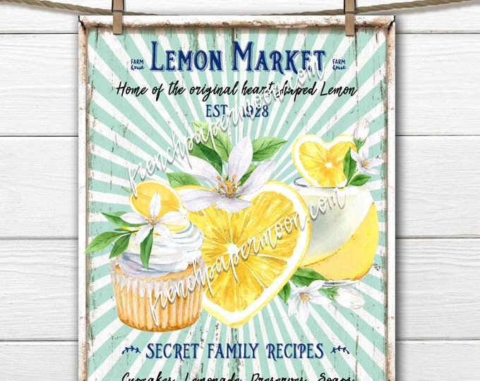 Farmhouse Lemons, Digital, Lemonade, Lemon Market, DIY Lemon Sign, Kitchen Print, Wreath Decor, Tea Towel, Pillow Image, Tiered Tray Decor