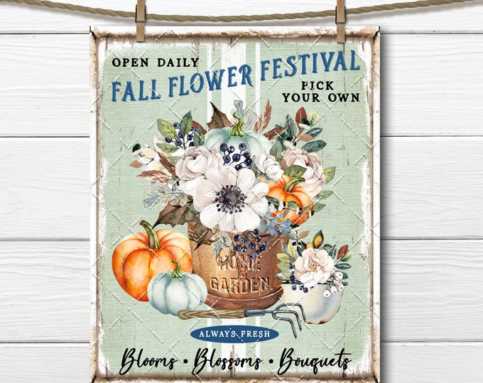 Fall Flower Festival Market Pumpkins Orange Blue White, DIY Fall Sign, Fabric Transfer, Digital Print, Wreath Accent, Tiered Tray Decor, PNG