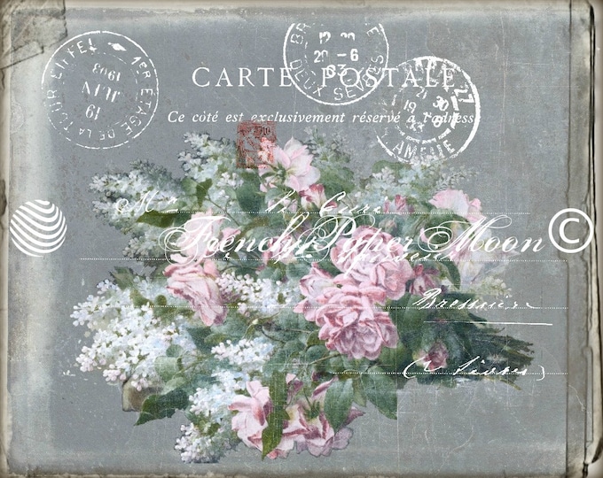 Digital Download French Postcard, Digital Carte Postale, Shabby French Postcard, Pink Roses, Graphic Image