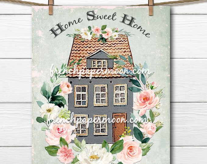 Sweet Shabby Cottage Graphic, Home Sweet Home Print, House-Warming, Flower Wreath, New Home Gift, Pillow Image, Sublimation, Fabric Transfer