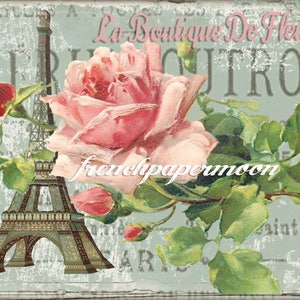 Carte postale française numérique vintage, tour Eiffel, roses minables, graphisme français, transfert de tissu, grande image