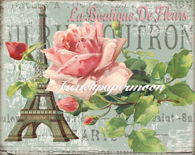 Digital Vintage French Postcard, Eiffel Tower, Shabby Roses, French Graphics, Fabric Transfer, Large Image