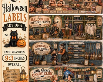 May include: A set of four Halloween-themed labels featuring vintage-style illustrations of a black cat, jack-o'-lanterns, a general store, a costume closet, a broom boutique, and a candy club, with text indicating a 9.3-inch overall measurement.
