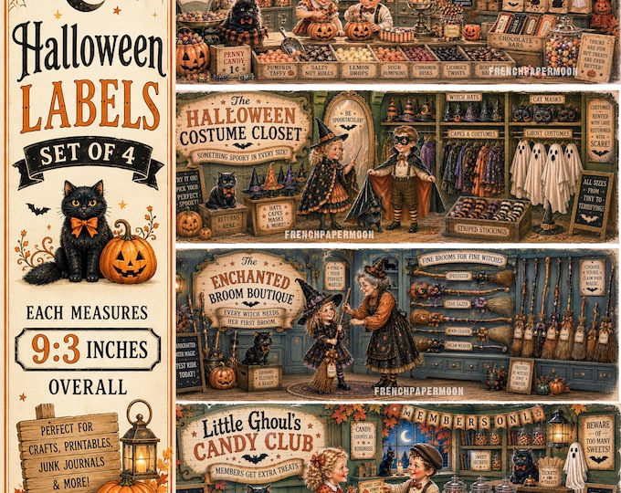 Retro Halloween Label Set of 4 | October 31 Printable Labels |  Vintage Store Spooky Junk Journal & Craft Labels | Digital Download