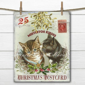 Mistelzweig Katzen, Vintage digitale Weihnachtspostkarte, viktorianische Weihnachtskatzen, Kissen Bild, Kartenherstellung, sofortiger Download Bildtransfer druckbare