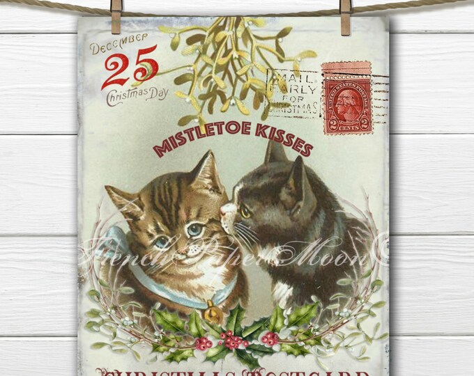 Mistletoe Cats, Vintage Digital Christmas Postcard, Victorian Xmas Cats, Pillow Image, Cardmaking, Instant Download Image Transfer Printable