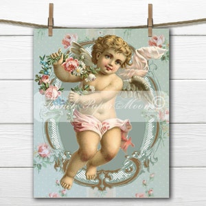 Shabby Chic Vintage Cherub, Victorian Cherub with Roses, Angel Pillow Transfer Graphic, Instant Download, Digital
