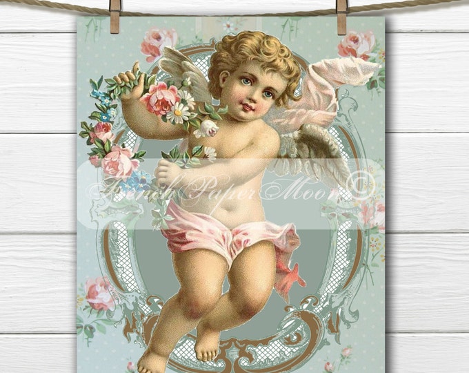 Shabby Chic Vintage Cherub, Victorian Cherub with Roses, Angel Pillow Transfer Graphic, Instant Download, Digital