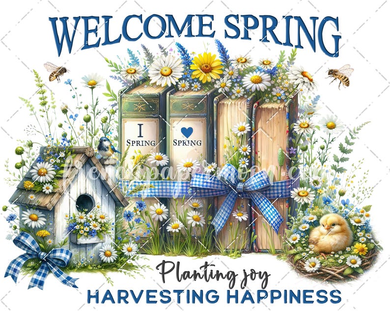 Farmhouse Welcome Spring, I love Spring Books Flowers, Yellow Blue, Birdhouse, Spring Meadow, Digital Printable, Craft Supply, Sublimation image 2