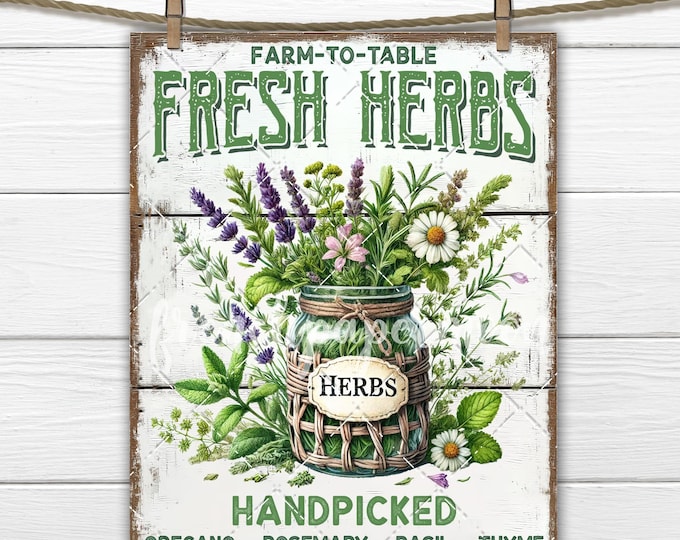 Farm Fresh Garden Herbs Mason Jar Kitchen Decor DIY Sign Making Herb Bouquet Rustic Digital PNG Sublimation, Tiered Tray, Cutting Board