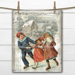 Viktorianische Kinder Eislaufen digitale Kunst, Shabby Chic Weihnachtsbild, sofortiger Download druckbare, französische digitale Weihnachtskissen Grafik