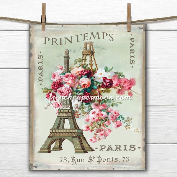 Vintage Shabby Springtime in Paris Digital, Eiffel Tower, Flower Basket, Printemps, Fabric Transfer, Large Size French Graphic