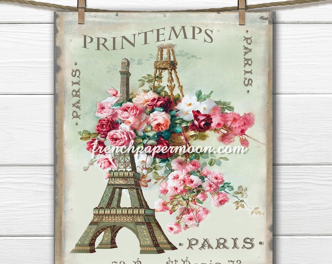 Vintage Shabby Springtime in Paris Digital, Eiffel Tower, Flower Basket, Printemps, Fabric Transfer, Large Size French Graphic