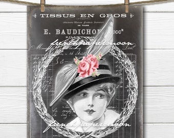 May include: Black and white vintage illustration of a woman wearing a large hat with pink roses. The image is on a chalkboard background with the text "TISSUS EN GPOS" and "E. BAUDICHON JCOR" and "french papersmoon" written in cursive.