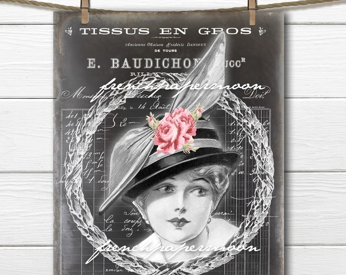 Chalkboard Victorian Lady Digital, Black and White Fashion Lady, Vintage Fashion, French Graphics, Graphic Transfer Image