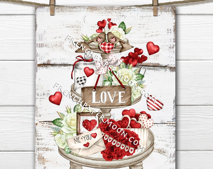 Valentine Tiered Tray Digital, Rustic Valentine Graphic, DIY Valentine Sign, Red Roses, Red Hearts, Love, Wreath Attachment, Wall Decor, PNG