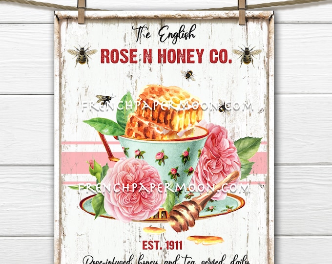 Honey Tea, Roses, Honeycomb, Teacup, Teatime, DIY Honey Sign, Fabric Transfer, Tiered Tray Decor, Pillow Image, Tea Towels, PNG, Wood