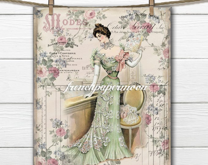 Digital Victorian Fashion Plate, French Graphics, Vintage Florals, Instant Download Transfer Graphic, Craft Supply