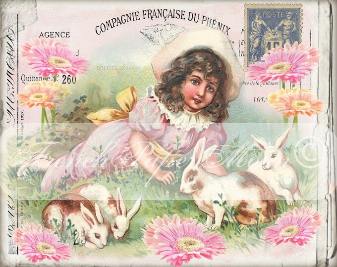 Digital Victorian Easter Girl, Bunnies, Flowers, French Graphics, Instant Download Fabric Transfer Graphic Download