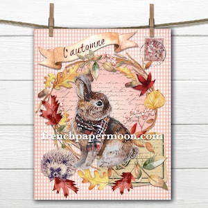Woodland Bunny Digital, herfstkrans, konijn, sjaal, egel, Frans, gekleed dier, stofoverdracht, DIY Home Decor afdrukbaar, transparant