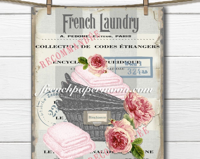 Vintage Shabby French Laundry Basket, Towels, Roses, French Decor Print, French Decor Print, Image Transfer, Craft Supply