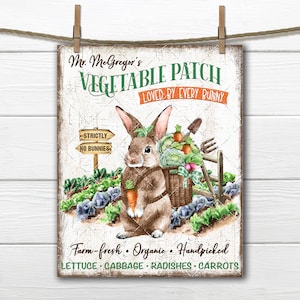 May include: A watercolor illustration of a brown bunny rabbit standing in a garden with a basket of vegetables on its back. The sign reads "Mr. McGregor's Vegetable Patch Loved by Every Bunny - Strictly No Bunnies - Farm-fresh Organic Handpicked Lettuce Cabbage Radishes Carrots".