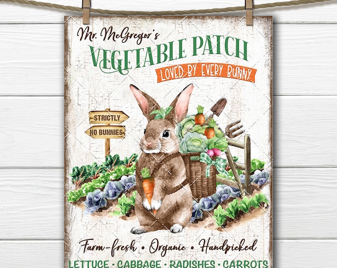 Easter Bunny Vegetable Patch DIY Sign, Cute Farmhouse, Vegetable Garden, Fabric Transfer, Tiered Tray Decor, Wreath Accent, PNG, Digital PNG