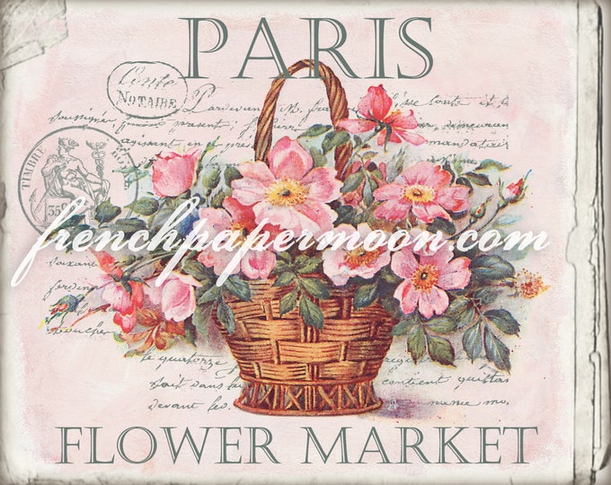 French Flower Market, Digital, French Country, Flower Basket, DIY Sign Making, Paris, Image Transfer, Pillow Image, Wreath Decor