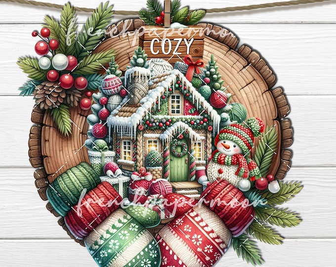 Round Cozy Knitted Christmas Cottage, Circle Sublimation, Christmas Ornament, Digital, PNG, Wreath Accent, Home Decor, DIY Sign, Door Hanger