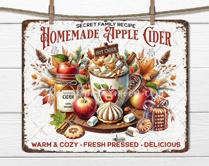 Homemade Old Fashioned Apple Cider Cozy Autumn Fall Kitchen Decor Digital Print DIY Sign Fabric Transfer PNG Sublimation Craft Supply