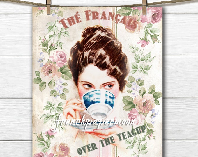 Digital Harrison Fisher Over the Teacup, Teatime Graphic, Vintage Tea, French Tea, Large Size Digital Transfer Image