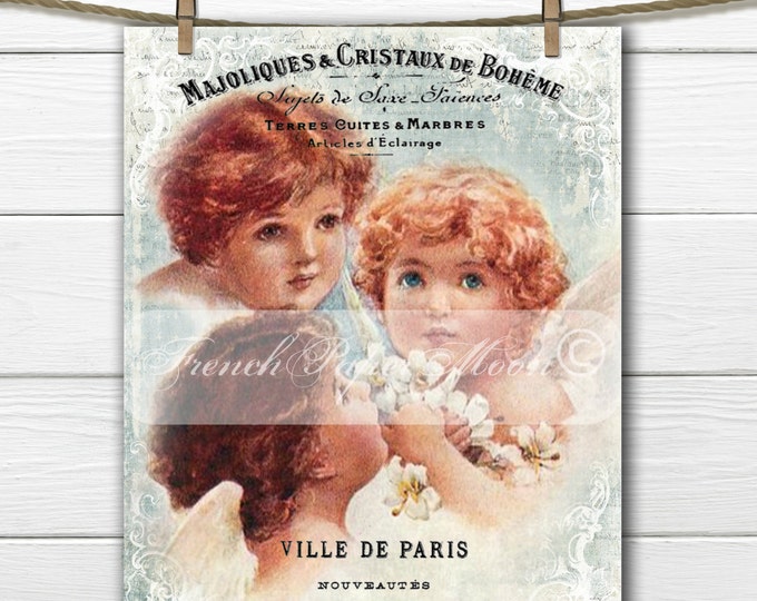 Shabby Chic Christmas Angel Digital, French Graphic Angels, Trio of Cherubs, Instant Download, French Pillow Transfer Graphic