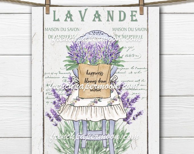 French Lavender, Rustic Chair Printable  Tea Towel  Pillow Image Graphic Transfer, Wood Background Plus Transparent Digital Farmhouse