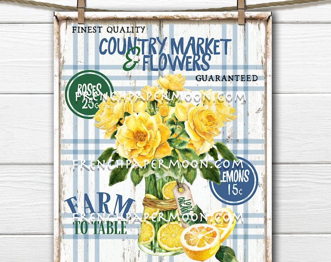 Farmhouse Lemons, Digital, Yellow Roses, Plaid, Farmers Market, DIY Fruit Sign, Tiered Tray Sign, Pillow Image, Wreath Decor, Wood, PNG