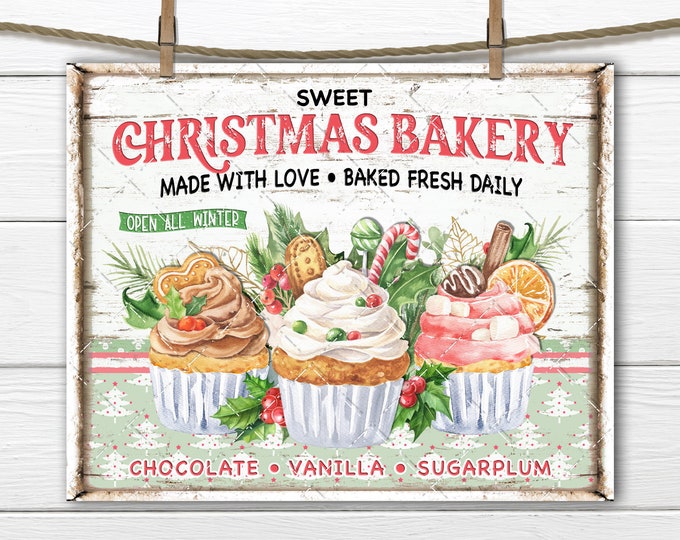 Christmas Bakery Xmas Confectionary Pastel Cupcakes Sweets Sugarplum DIY Xmas Sign, Fabric Transfer, Wreath Accent, Tiered Tray Home Decor