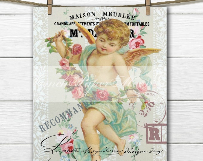 Digital Victorian Angel, Shabby Chic Roses, French Typography, Valentine Download, French Pillow Transfer Graphic Image