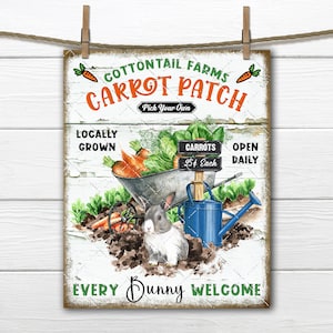 Puede incluir: Un cartel blanco con un diseño vintage que anuncia un huerto de zanahorias. El cartel dice "Cottontail Farms Carrot Patch Pick Your Own" y presenta una carretilla llena de zanahorias, una regadera y un conejo. El cartel también dice "Locally Grown", "Carrots 25¢ Each", "Open Daily", y "Every Bunny Welcome".