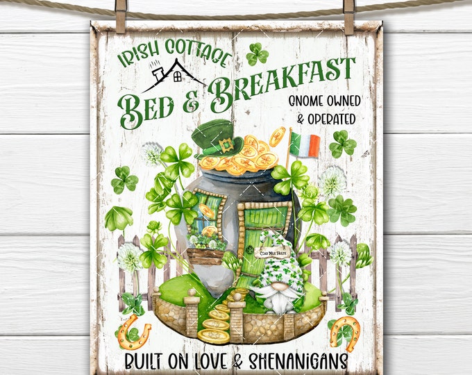 Irish Bed and Breakfast DIY St Patricks day Sign, Irish Cottage, Gold Coin, Irish Gnome, Fabric transfer, Tiered Tray Decor, Digital Print