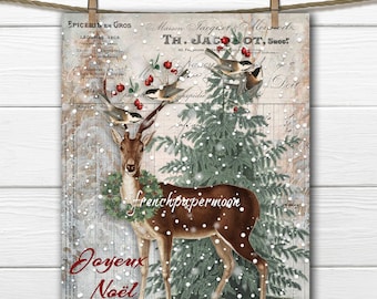 Old Fashioned Christmas Deer Printable, Woodland Christmas, Chickadee, French Graphics, Christmas Pillow Image, Instant  Digital Download,