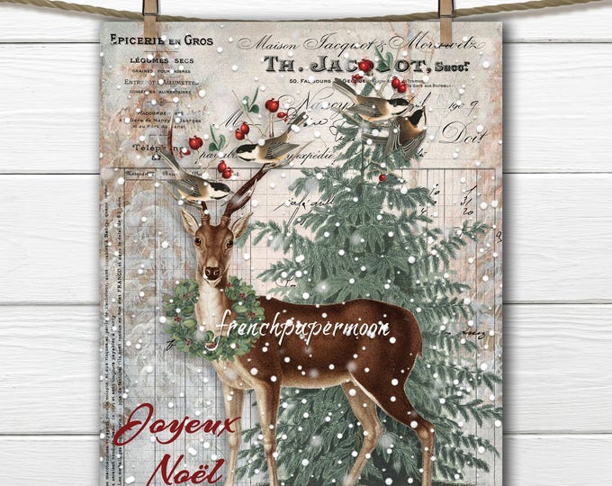 Old Fashioned Christmas Deer Printable, Woodland Christmas, Chickadee, French Graphics, Christmas Pillow Image, Instant  Digital Download,