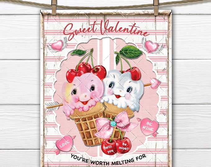 Retro Pink Valentine Ice Cream, Cherries, Hearts, DIY Valentine Sign, Fabric Transfer, Wreath Accent, Home Decor, Tiered Tray Decor, Digital