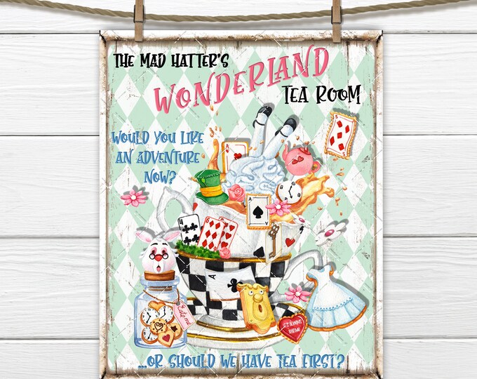 The Mad Hatters Tea Room, DIY Alice in Wonderland Sign, Teacups, Cookies, Fabric Transfer, Wreath Accent, Sublimation, Tiered Tray Decor PNG