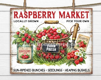 以下が含まれることがあります： 赤い文字で「RASPBERRY MARKET」と書かれた素朴な木製の看板。赤いラズベリーのバスケット、ジャムの瓶、小さなシャベルが描かれています。「Locally Grown」と「Pick Your Own」と書かれています。