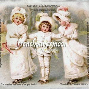 Digitale viktorianische Kinder druckbare, Schlittschuhlaufen, Vintage Postkarte Collage Blatt, französisches Kissen, Stofftransfer