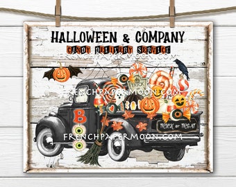 Halloween Truck with Candy, Trick or Treat, Fall, Pickup, Black Retro Truck, Candy Truck, Digital Download