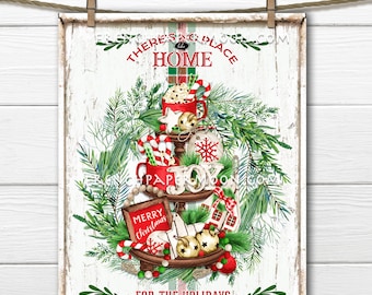 May include: A white wood sign with a red and green plaid background. The sign says "There's no place like home for the holidays."  The sign is decorated with a tiered tray with red mugs, candy canes, and a small Christmas tree.