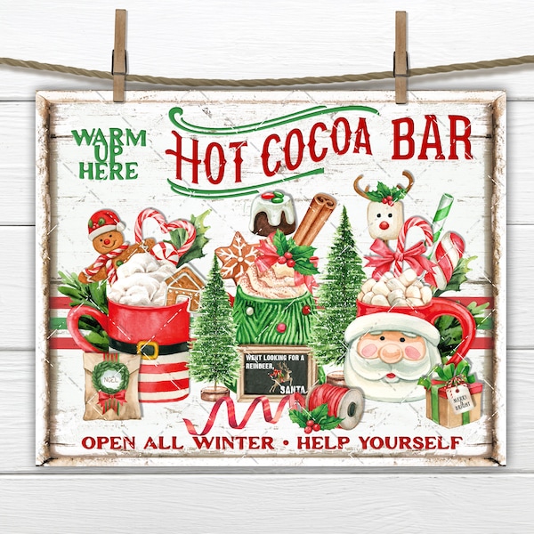 Cute Christmas Hot Cocoa Bar Winter Drinks Santa Mug Gingerbread DIY Xmas Sign Making Digital Hot Chocolate Wall Decor Print Wreath Accent